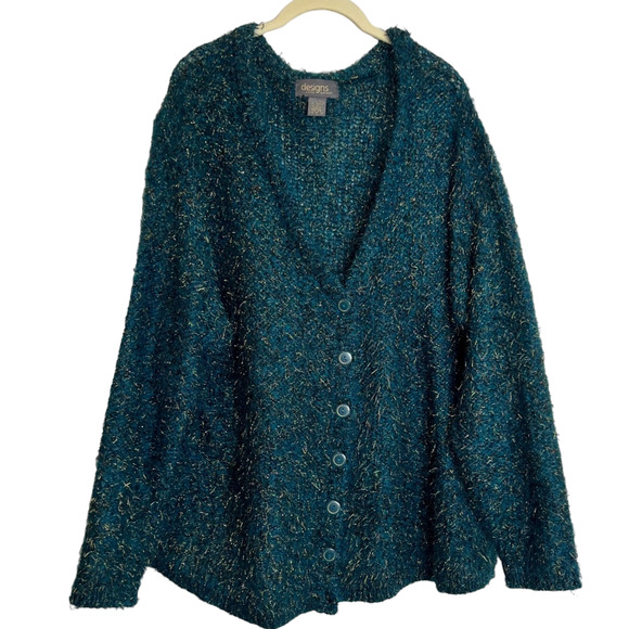 Lane Bryant Designs Eyelash Knit Cardigan Size 22/24 Green Gold Mohair Blend - Picture 1 of 7